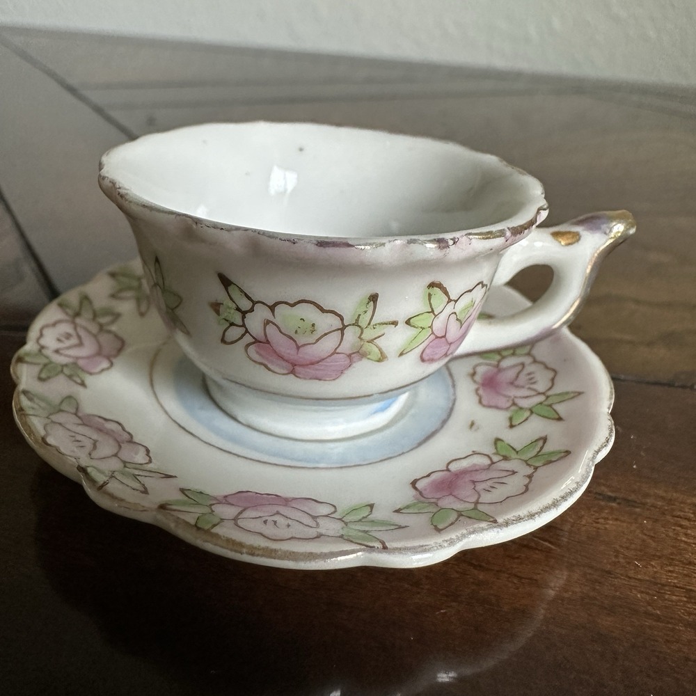 VTG Japanese Miniature Hand Painted Floral Teacup w 2.5 Inch Saucer Set Signed‎